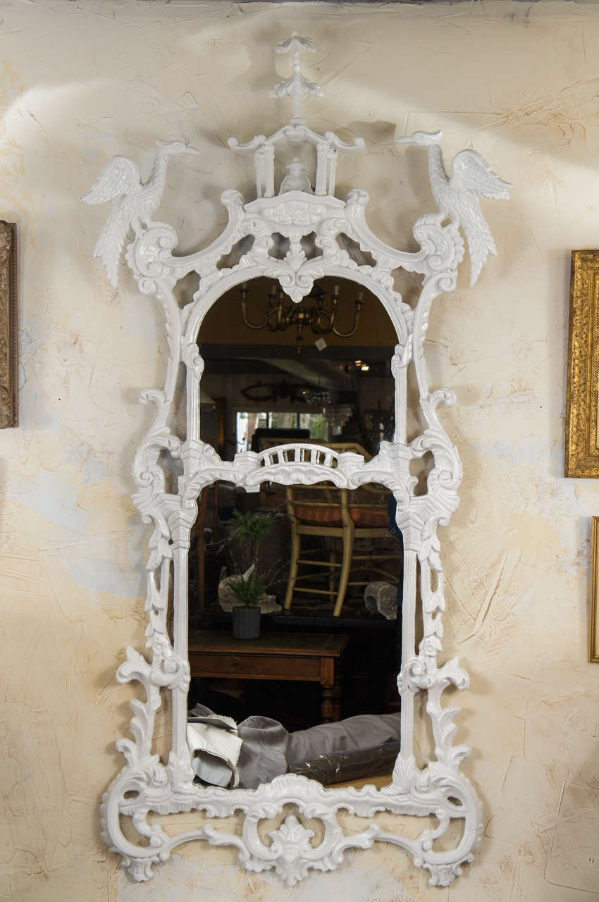 Chinese or Italian style chippendale style mirror with hand carved wood frame, pagoda form crest & bird biennials.  Hollywood Regency.  Can be used as wall or mantel or fireplace mirror.
