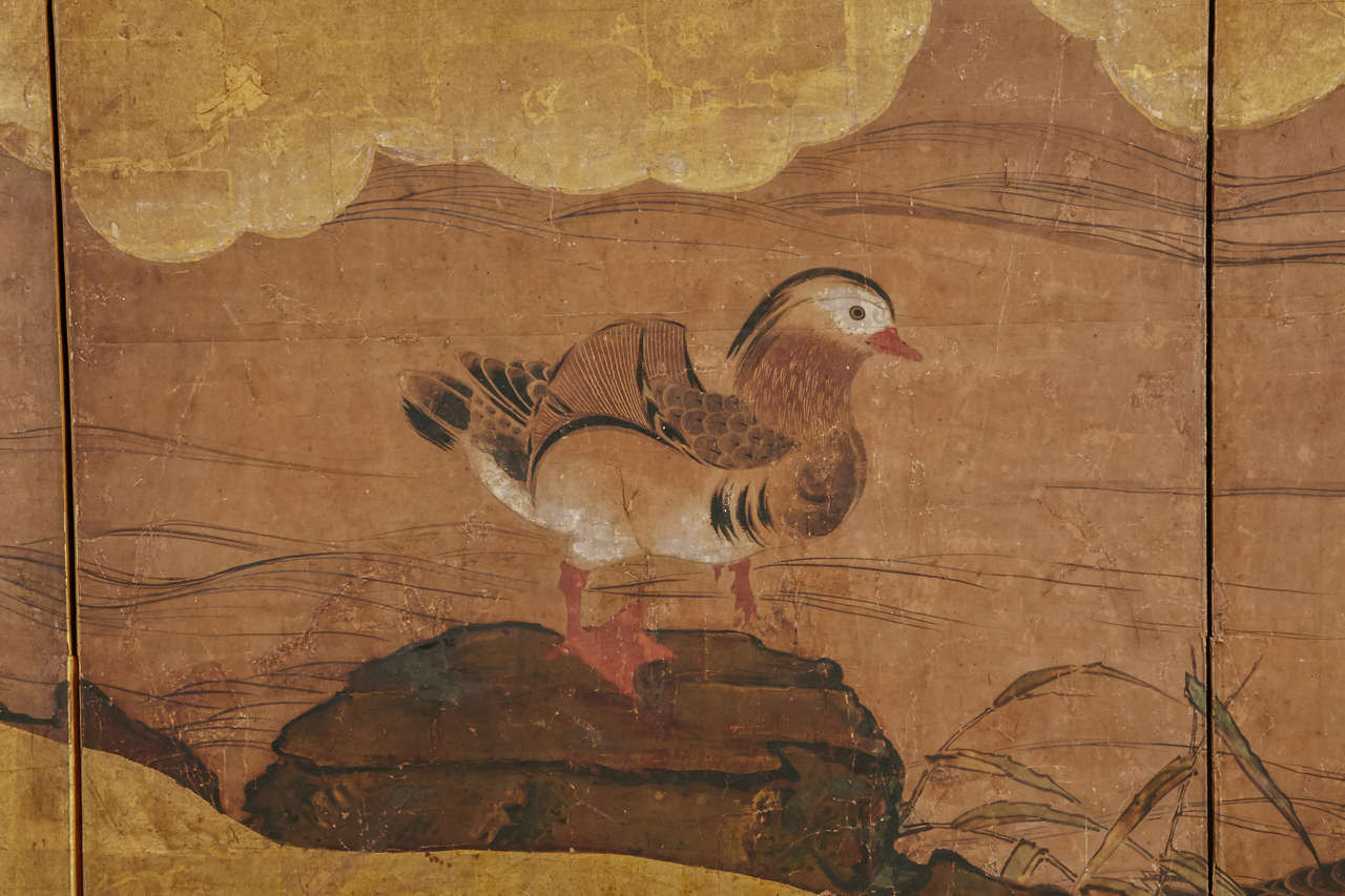 18th c. Six Panels Japanese Screen With Red Camellia , Birds And Snowy Tree