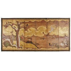 18th c. Six Panels Japanese Screen With Red Camellia , Birds And Snowy Tree