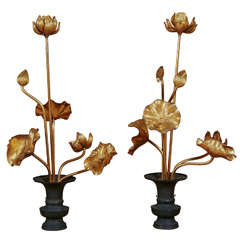 19th Century Pair of Temple Lotus Flowers in Golden Lacquer Wood with Vases