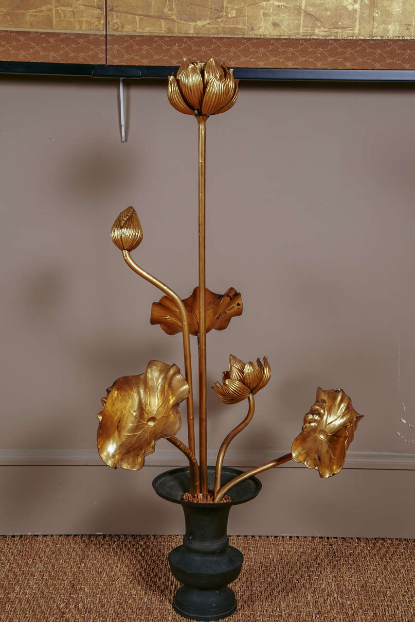 19th Century Pair of Temple Lotus Flowers in Golden Lacquer Wood with
