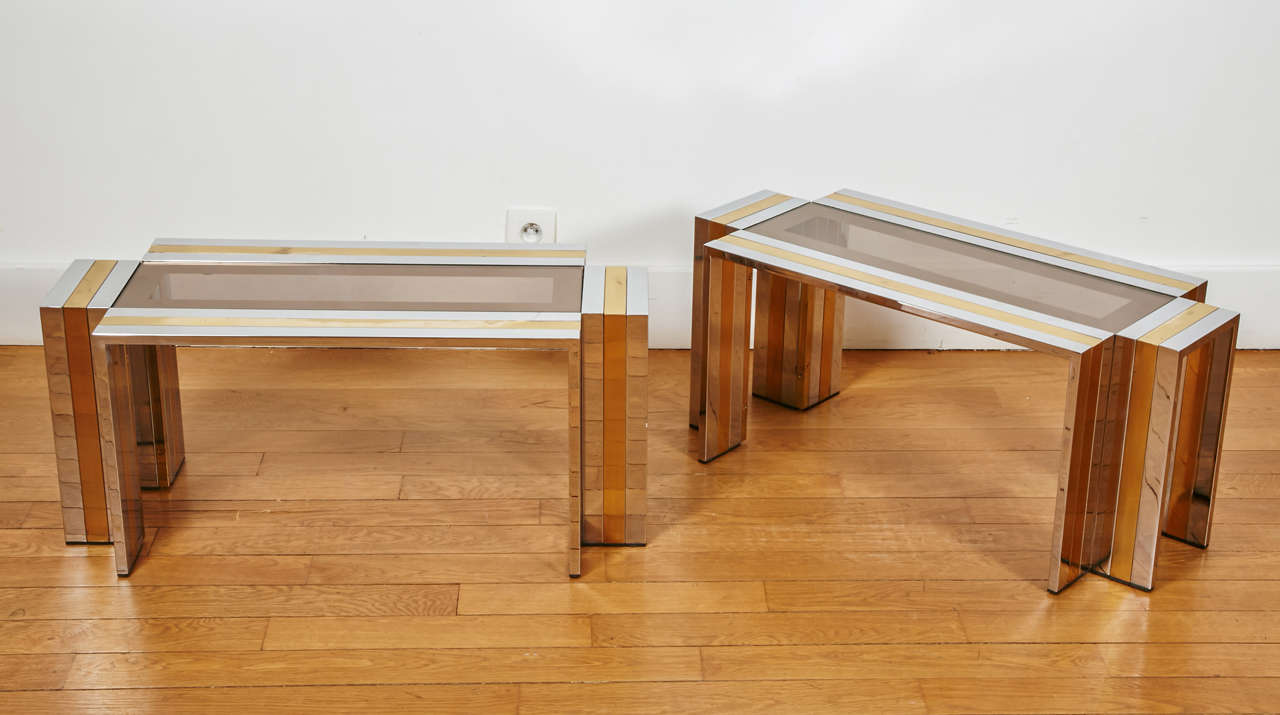 Italian Pair of Gilt Brass and Chromed Steel Coffee Tables by Romeo Rega, 1970s