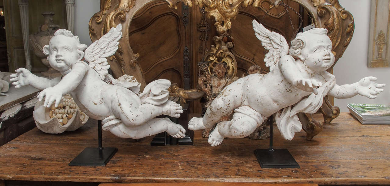 Beautifully Wood-Carved 19th Century Pair of Putti