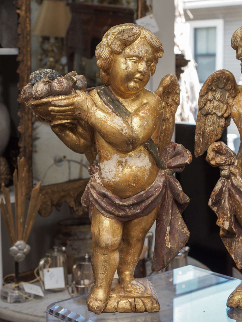 18th Century and Earlier Pair of Italian 18th Century Giltwood and Painted Putti For Sale