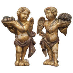 Pair of Italian 18th Century Giltwood and Painted Putti