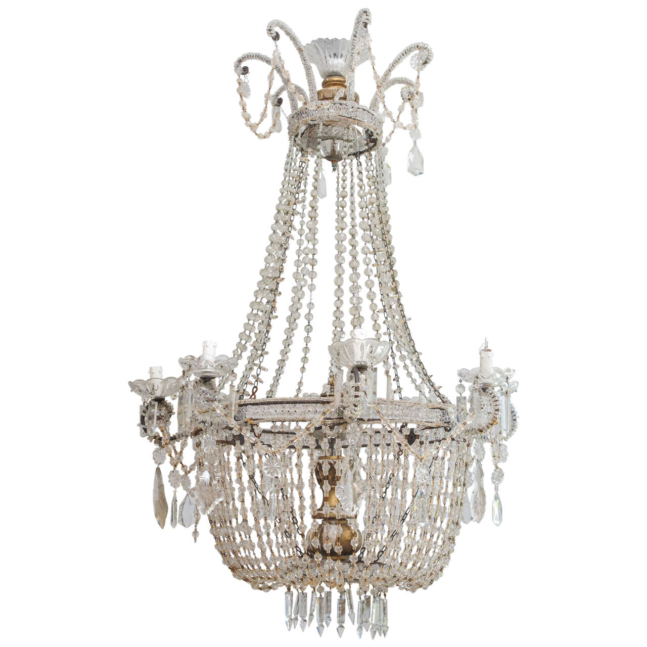 French 19th Century Repousse Crystal and Gilt Tole Chandelier For Sale