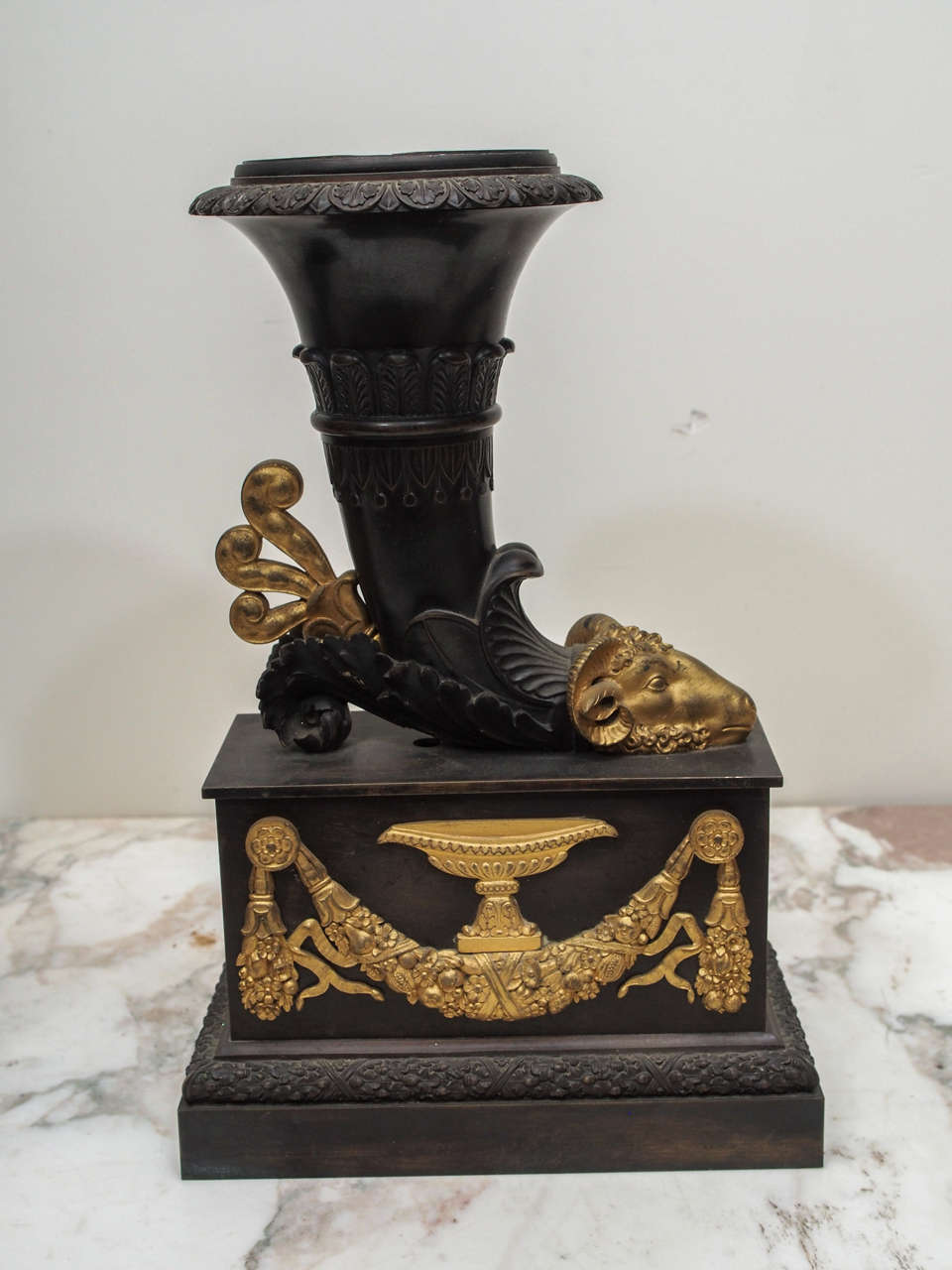 French Classical Cornucopia Form Vases with Patinated and Gilt Bronze