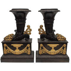 Classical Cornucopia Form Vases with Patinated and Gilt Bronze