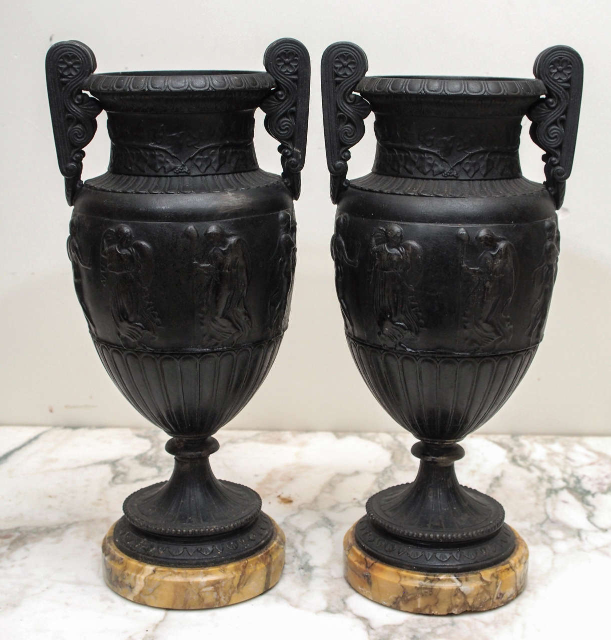 French 19th c. Patinated Bronze Classical Grand Tour Vases on Sienna Marble Bases