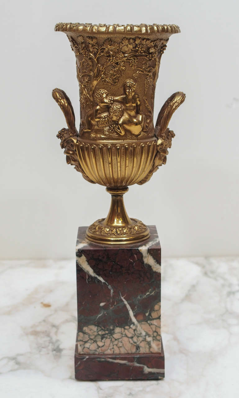 French Pair of Classical Gilt Bronze Handled Urns on Plinths