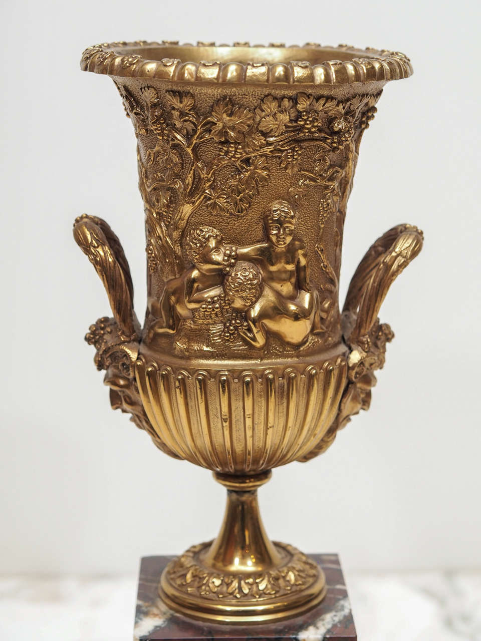 Pair of Classical Gilt Bronze Handled Urns on Plinths In Good Condition In Natchez, MS