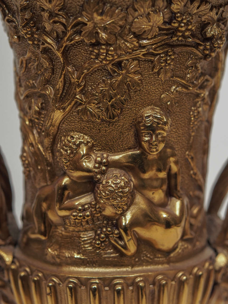 19th Century Pair of Classical Gilt Bronze Handled Urns on Plinths