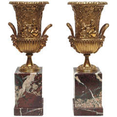 Pair of Classical Gilt Bronze Handled Urns on Plinths