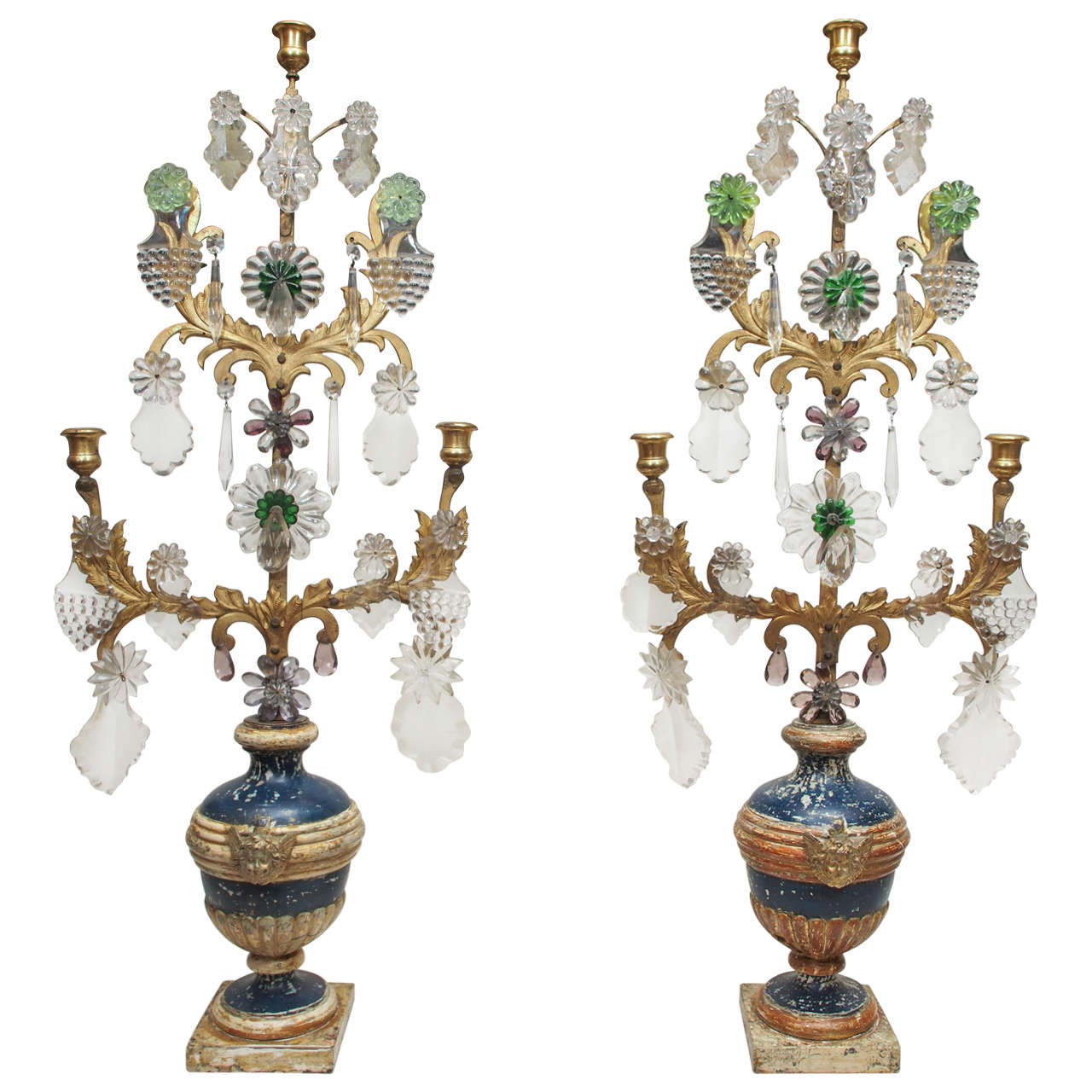 Pair of Italian Louis XVI Painted and Parcel Gilt with Gilt Iron Girandole