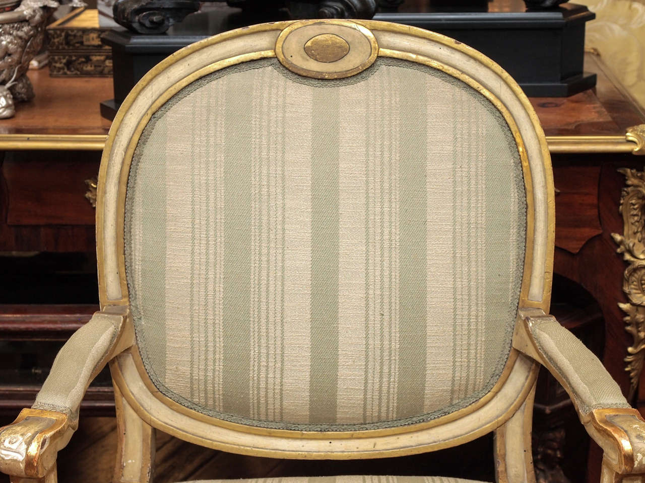 18th Century and Earlier Four Italian Louis XVI Parcel Gilt and Painted Armchairs For Sale