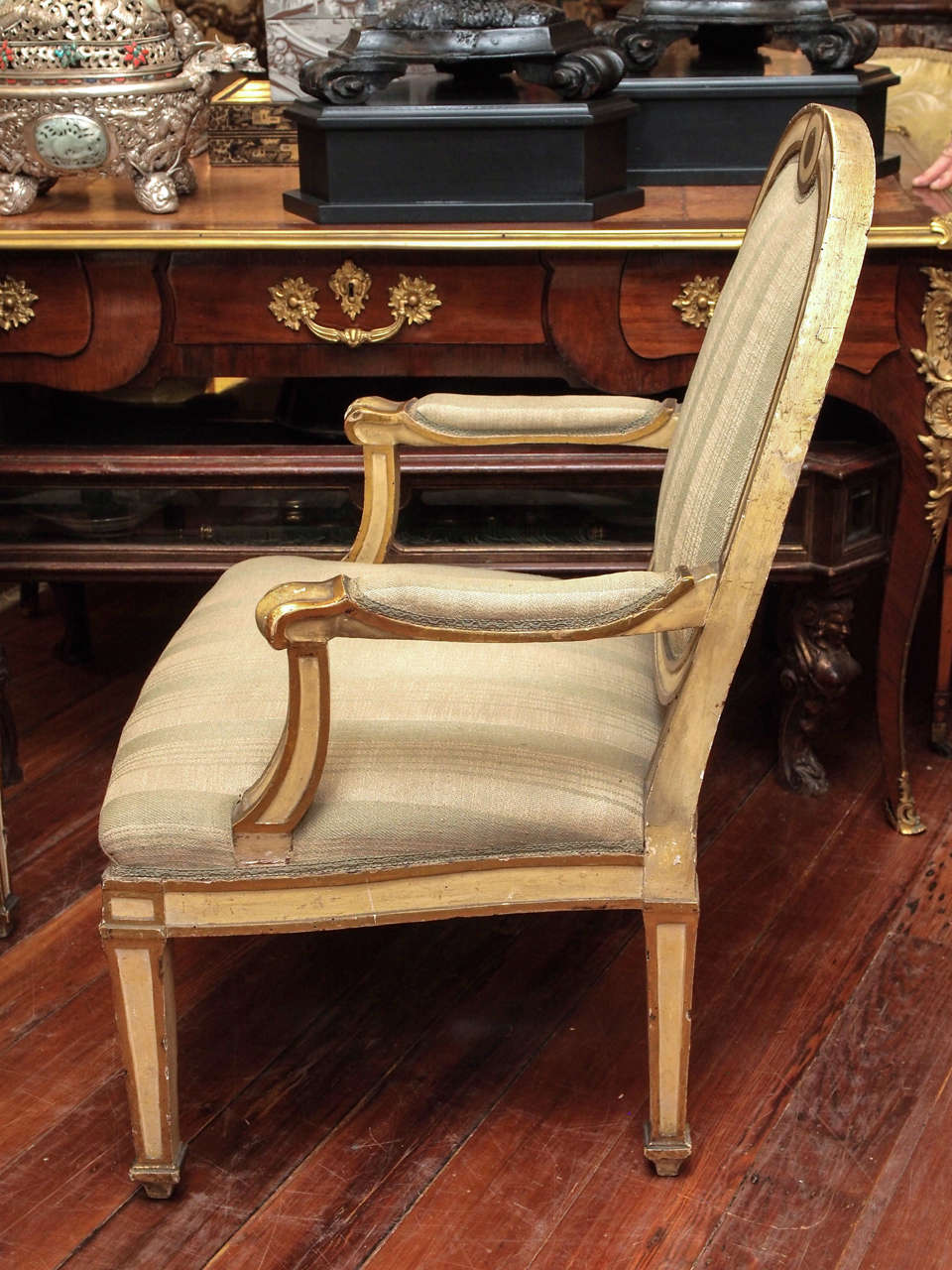 Four Italian Louis XVI Parcel Gilt and Painted Armchairs For Sale 4