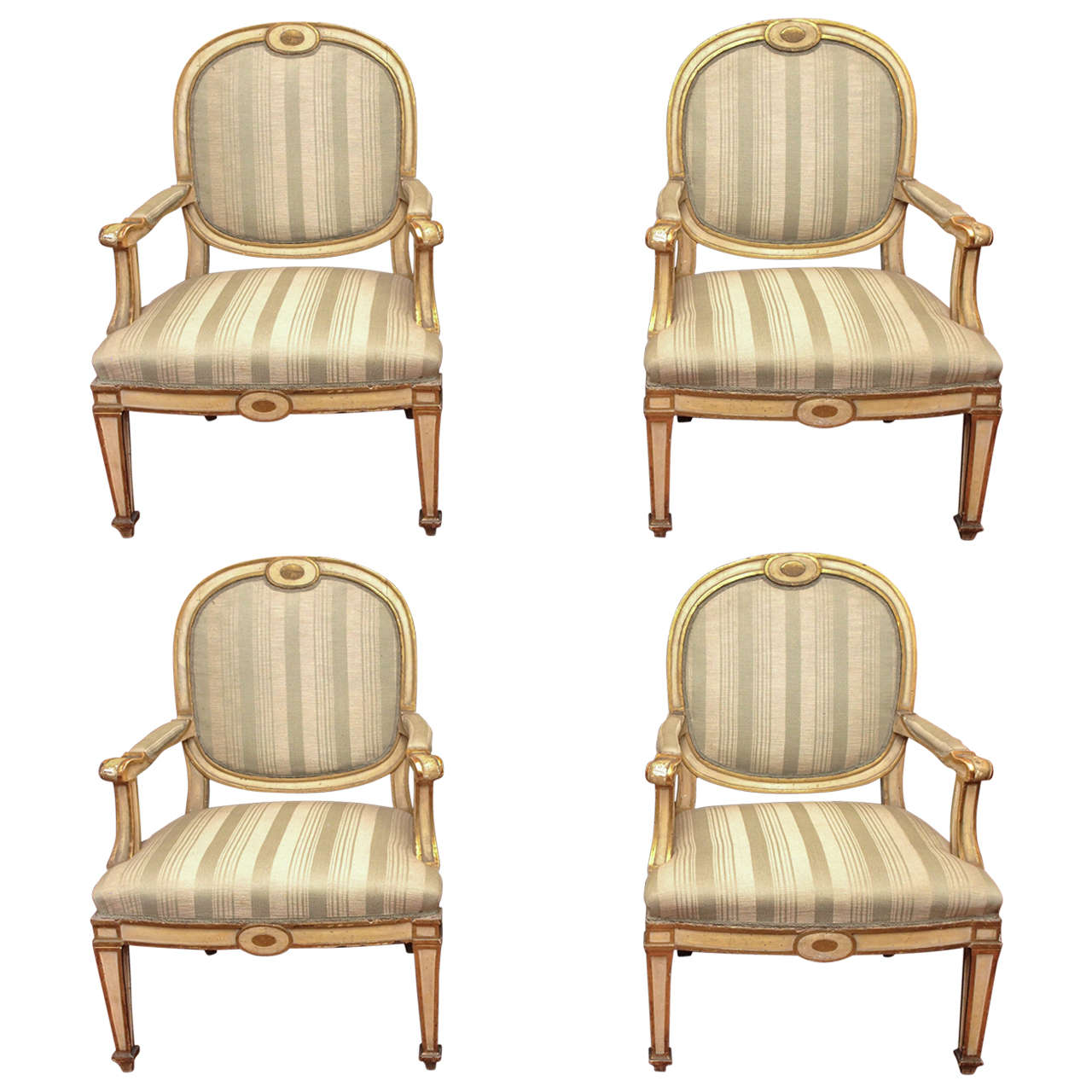 Four Italian Louis XVI Parcel Gilt and Painted Armchairs For Sale