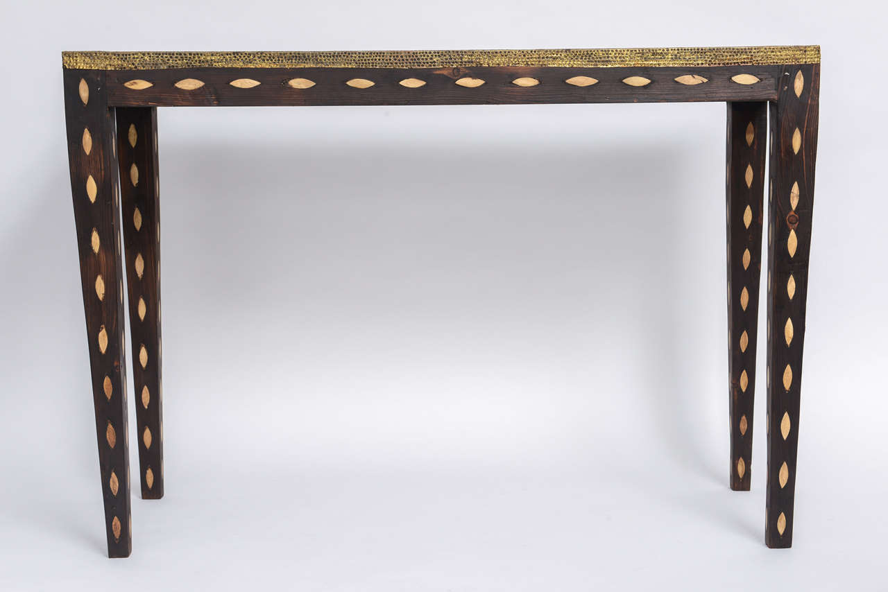Moroccan Artisan Console, Morocco, Hand Hammered Metal, Bone Inlay on Wood, Leaf Motive