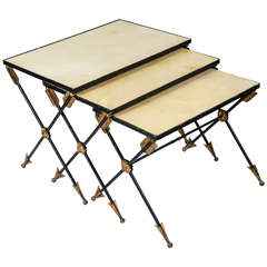 1940s Nested Tables with Arrows in Wrought Iron with a Parchment Top