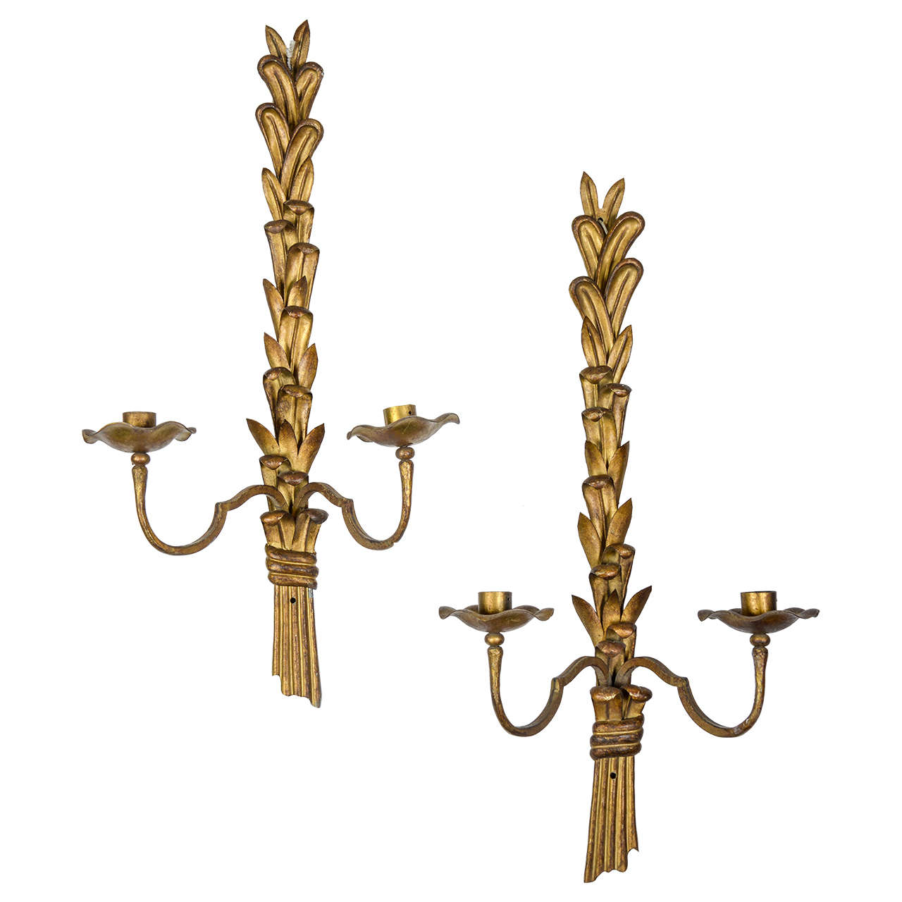 Pair of 1940s Sconces in Gilt Wrought Iron by Maison Bagues