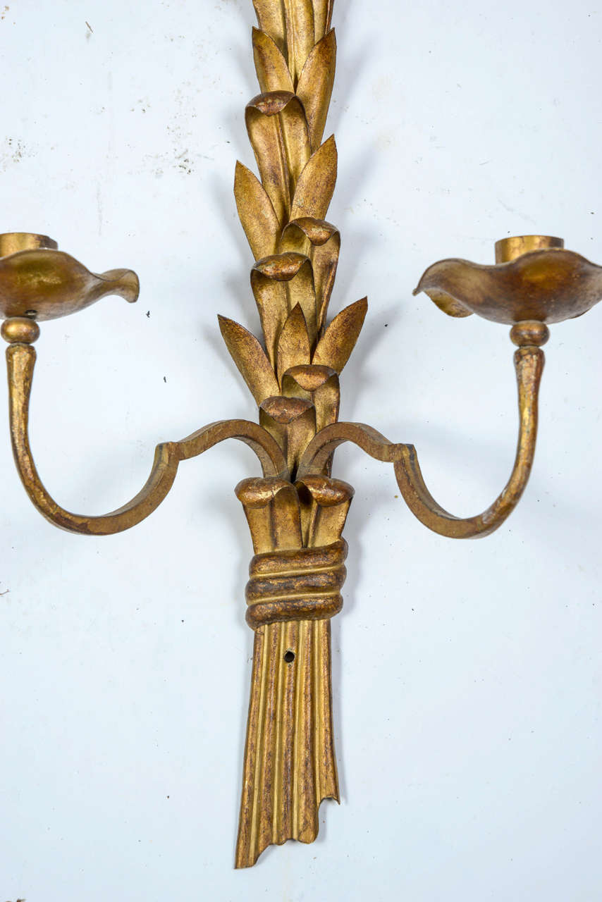 Art Deco Pair of 1940s Sconces in Gilt Wrought Iron by Maison Bagues