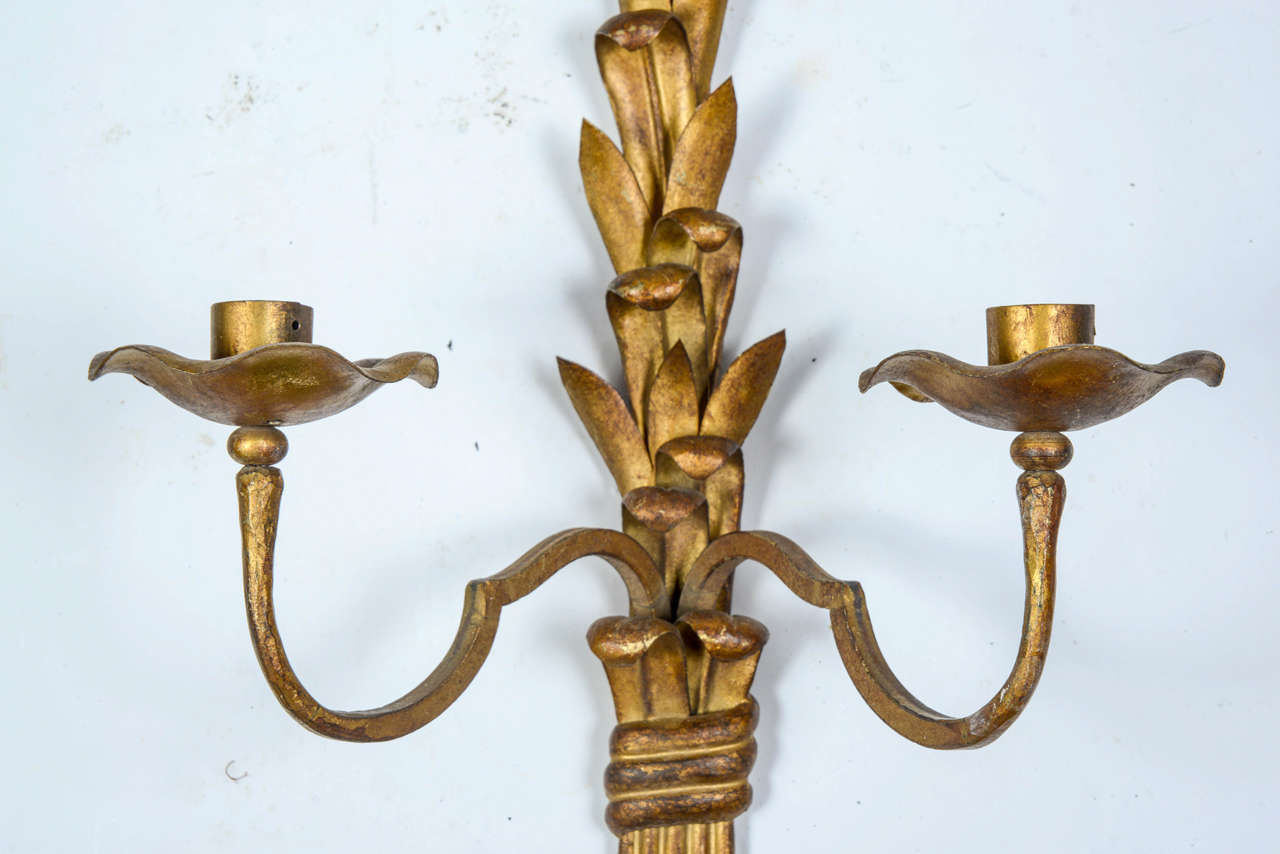 French Pair of 1940s Sconces in Gilt Wrought Iron by Maison Bagues