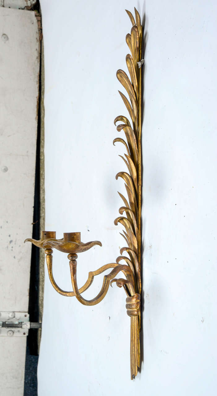 Pair of 1940s Sconces in Gilt Wrought Iron by Maison Bagues 1