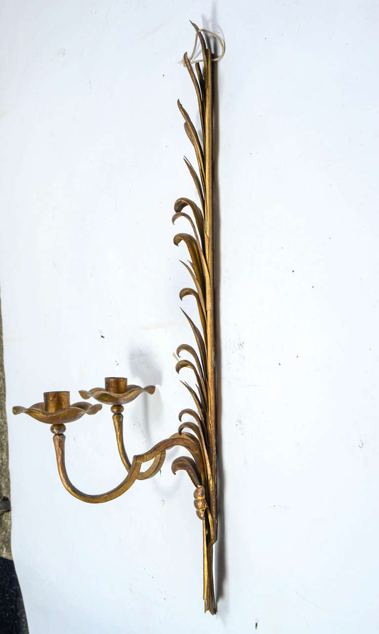 Pair of 1940s Sconces in Gilt Wrought Iron by Maison Bagues 3