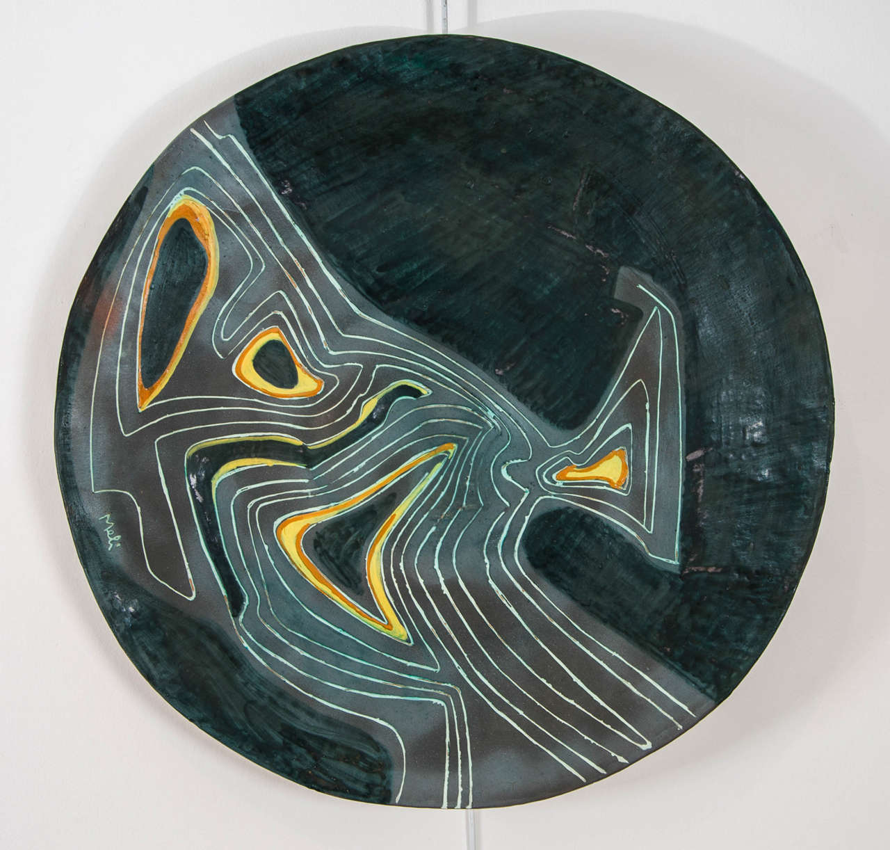 Large and impressive charger with abstract linear pattern on a green ground
Signed 'Meli'.