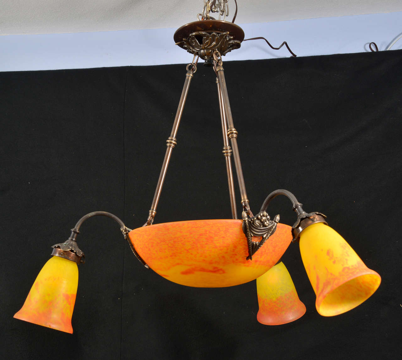 Unusual orange to yellow molded glass fixture in the Muller Freres style, French Art Deco.
