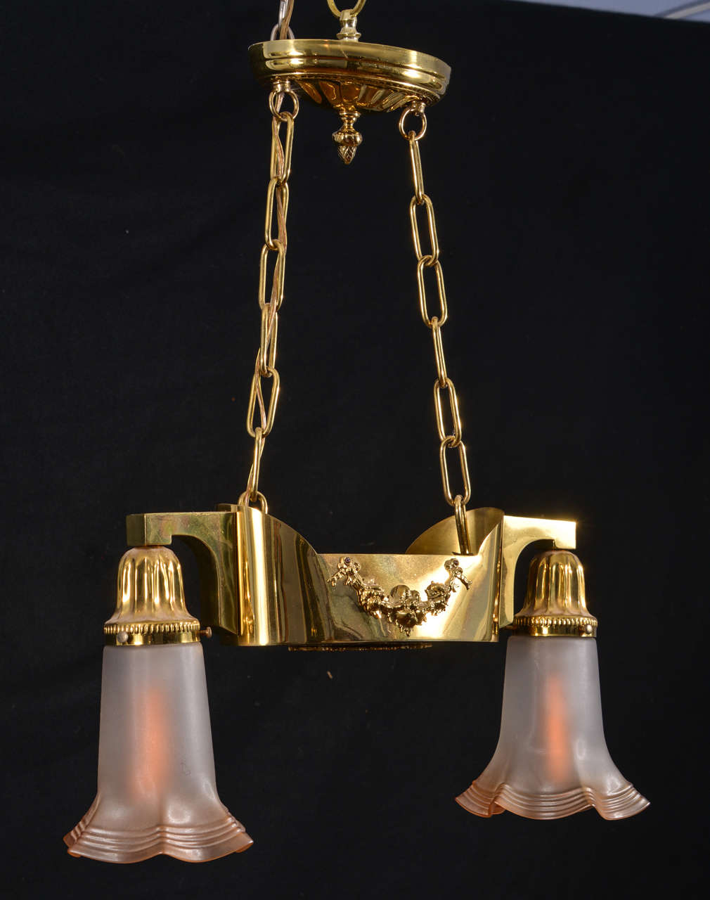 Two light, polished brass, Art Nouveau Pendant, with original glass shades.  Rectangular fixture, 2 1/4