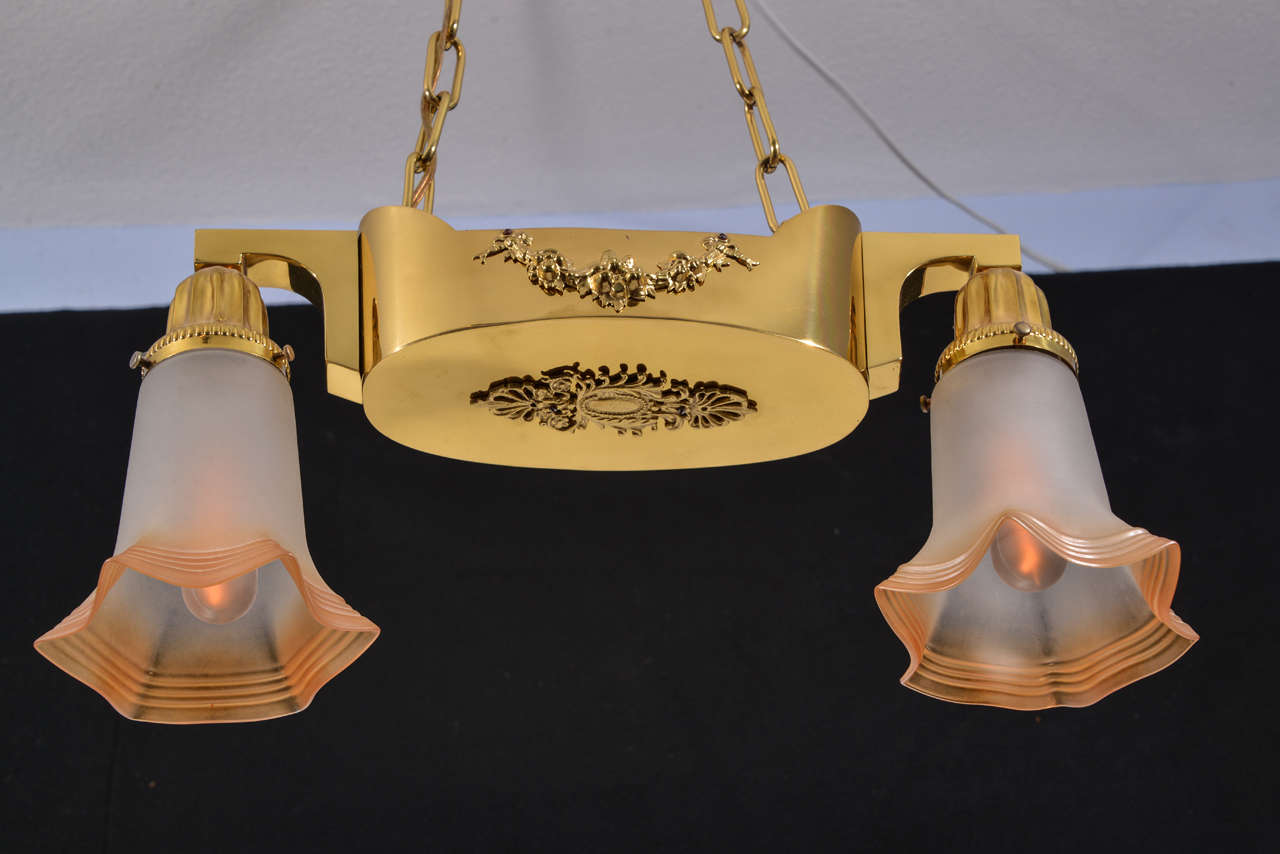 Brass Two Light, Art Nouveau Pendant For Sale