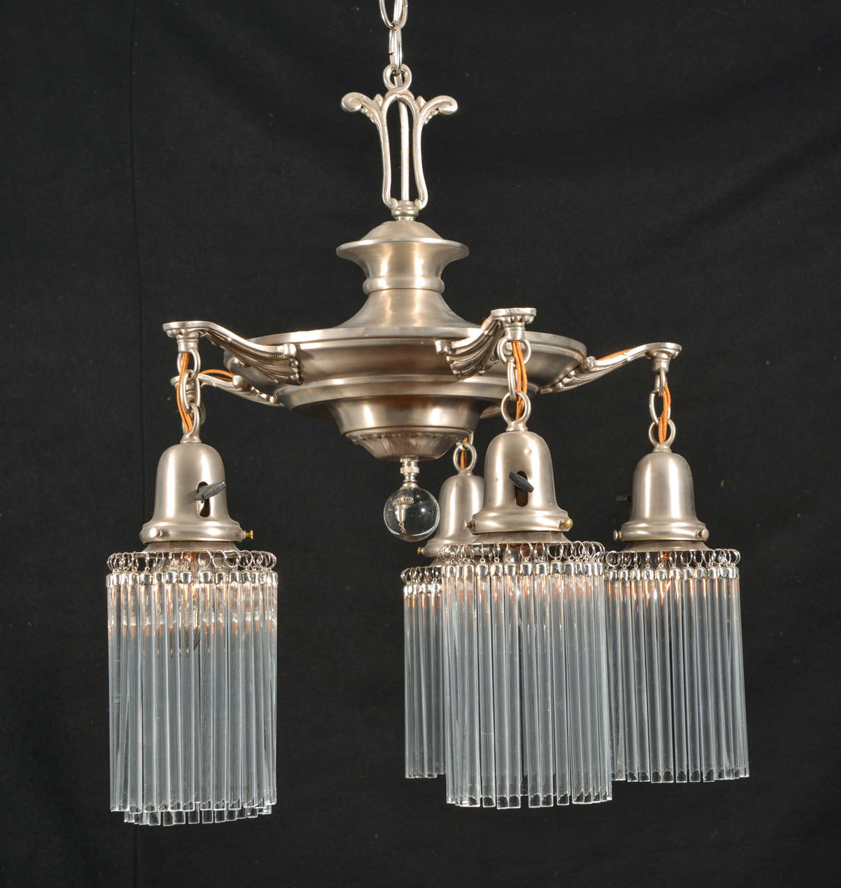 Five-light, brushed nickel finish, pan fixture with pencil type crystal from each light. New wiring and totally refinished with brushed nickel-plated finish. Typical 1930s design. Original old style sockets with turn key. The length is 40