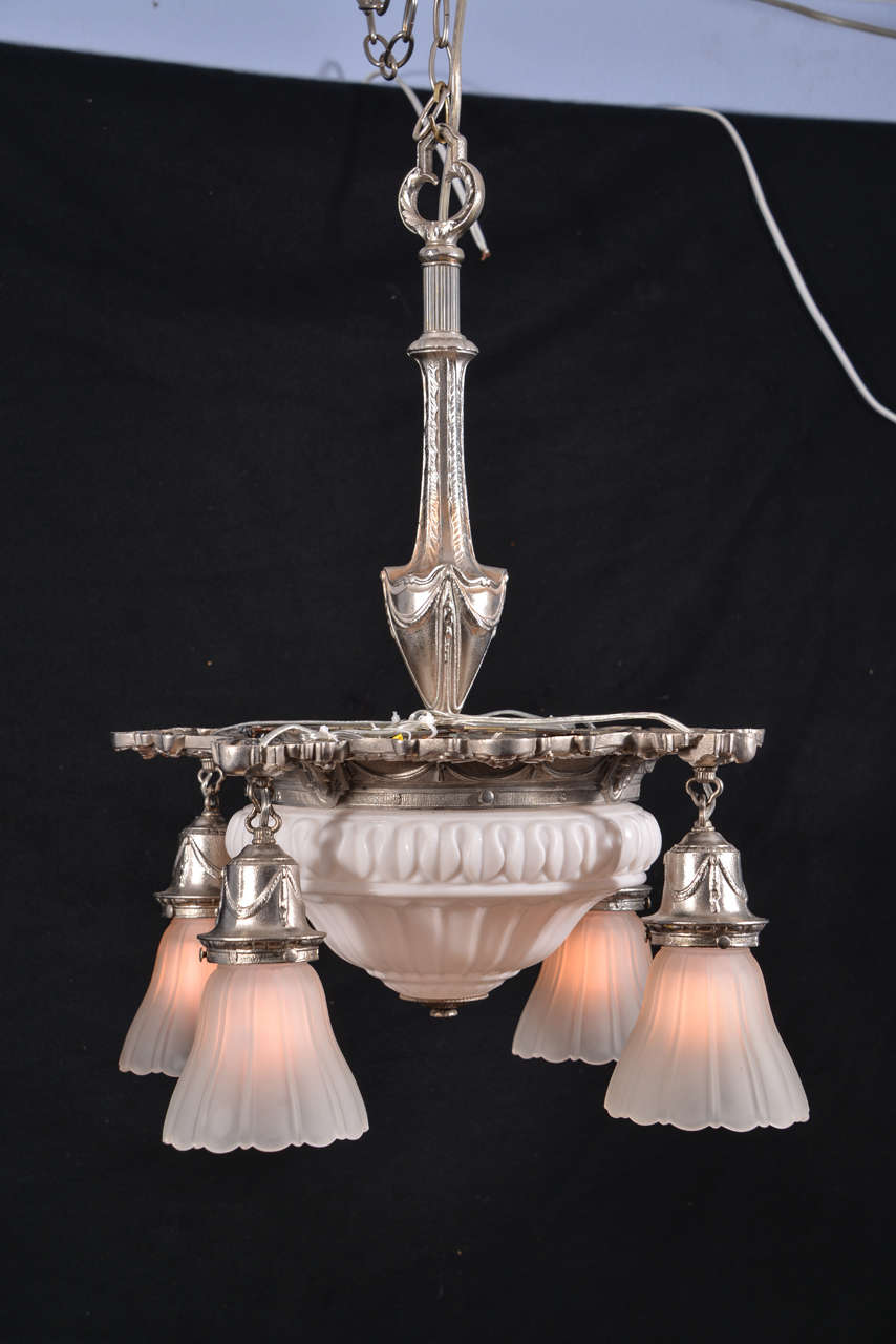 Nickle Plated Pewter Sheffield Pendant, featuring 5 lights.  Center Glass is original, 1930's with four reproduction Sheffield Shades.  Beautifully restored and rewired.