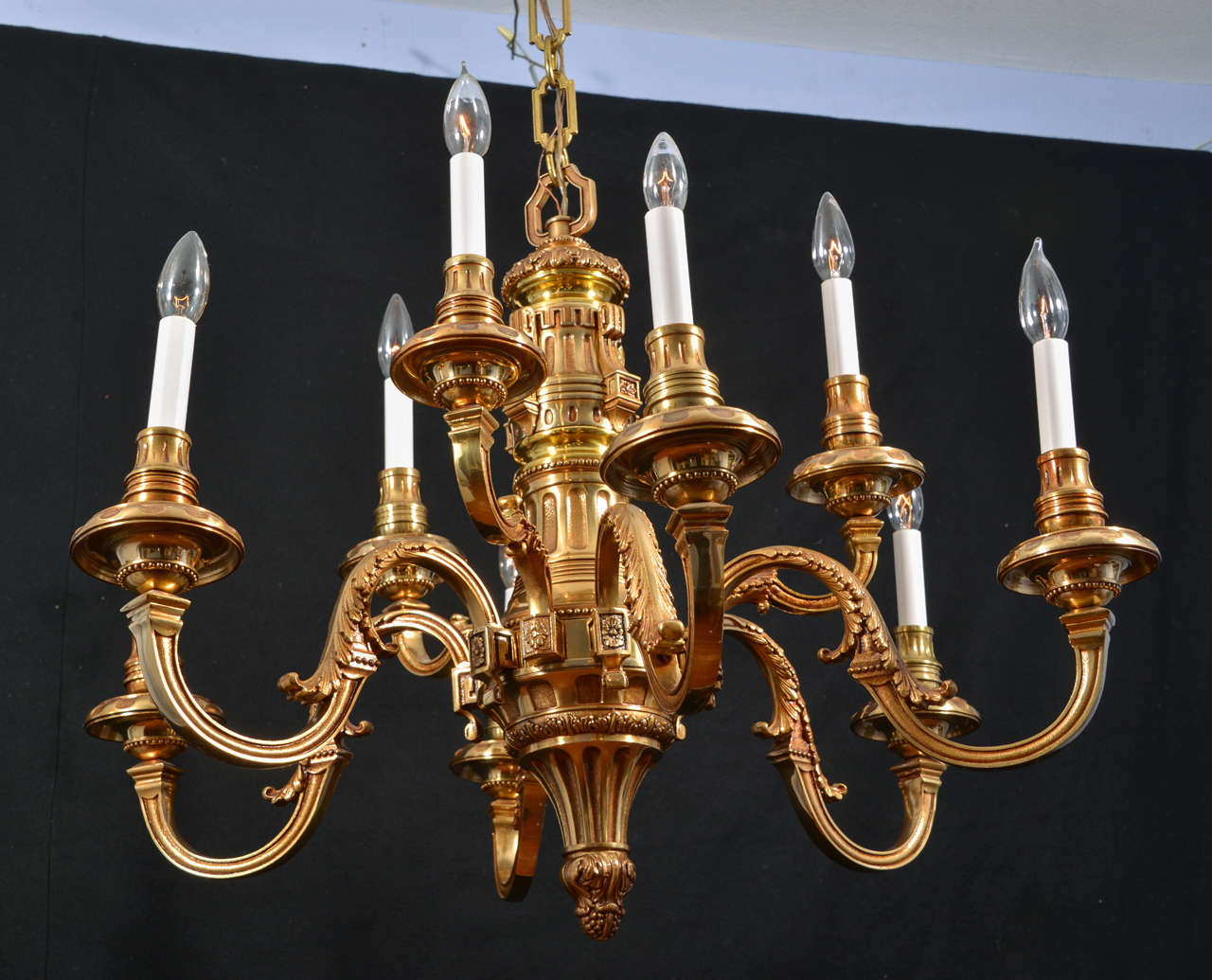 Nine Light, Simple Cast Brass Chandelier For Sale at 1stDibs