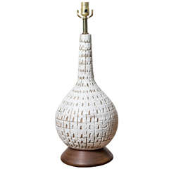 Vintage Textured Ceramic Lamp with Danish Modern Wood Base