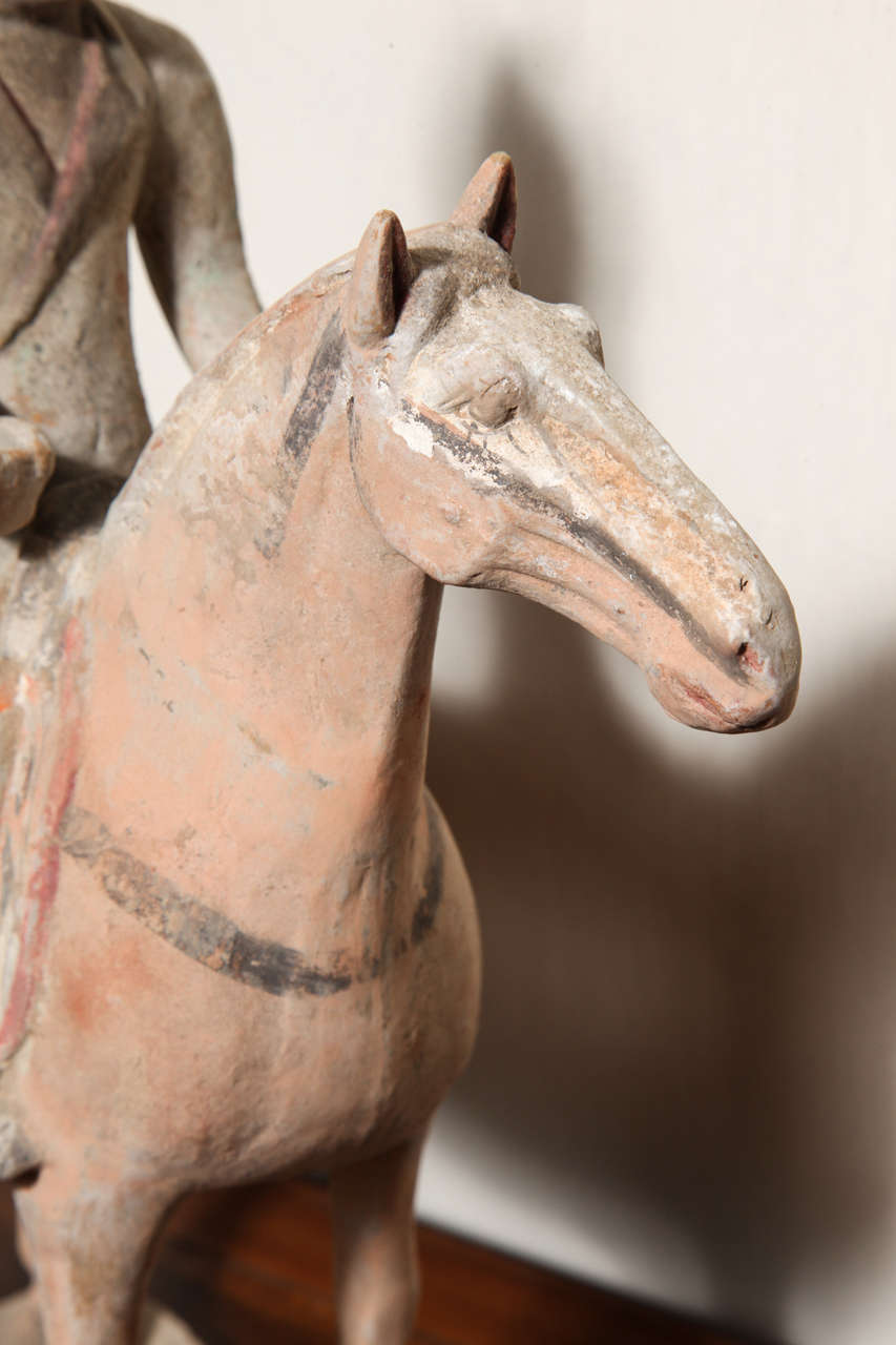 7th-10th Century Tang Dynasty Terracotta Statuette of a Horse with Rider In Good Condition In Yonkers, NY