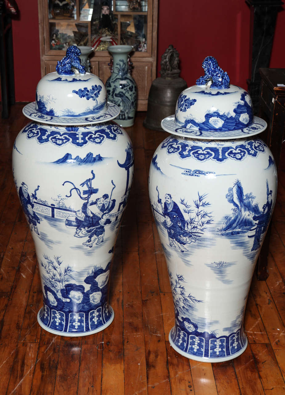Glazed Pair of Hand-Painted Antique Chinese Blue and White Palace Jars with Characters