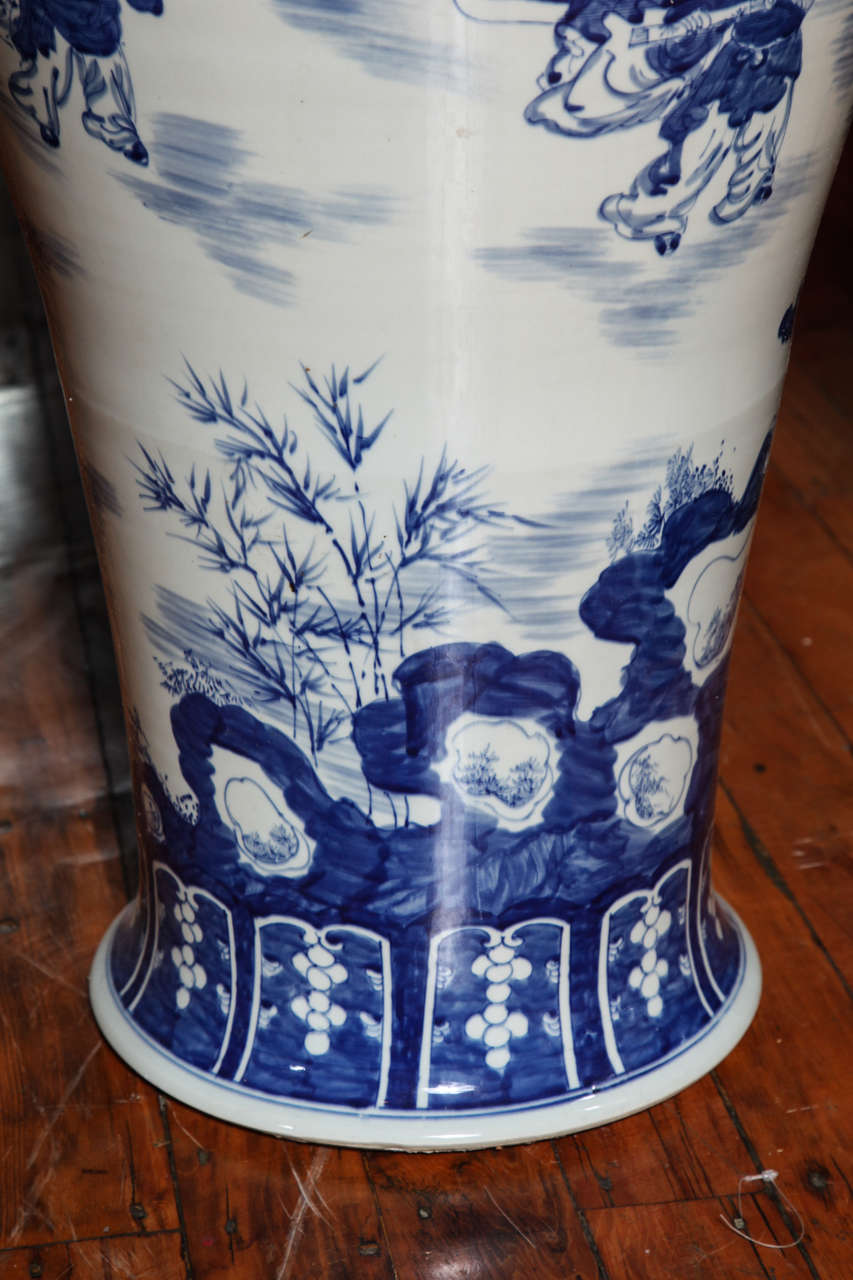 Pair of Hand-Painted Antique Chinese Blue and White Palace Jars with Characters In Excellent Condition In Yonkers, NY