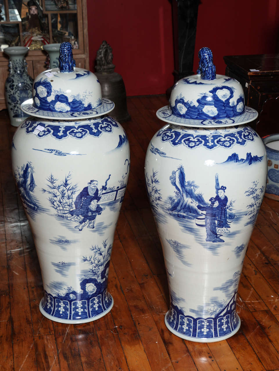 Pair of Hand-Painted Antique Chinese Blue and White Palace Jars with Characters 1