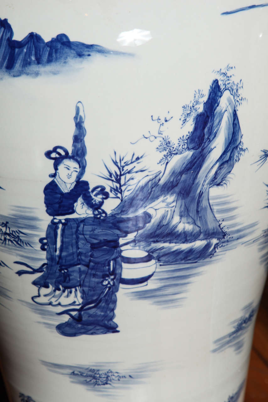 Pair of Hand-Painted Antique Chinese Blue and White Palace Jars with Characters 2