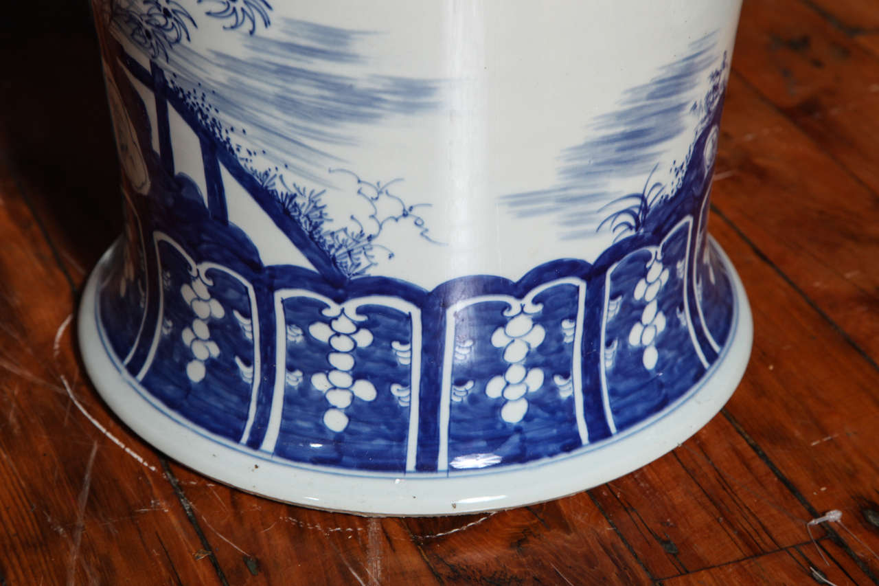 Pair of Hand-Painted Antique Chinese Blue and White Palace Jars with Characters 3