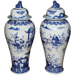 Pair of Hand-Painted Antique Chinese Blue and White Palace Jars with Characters