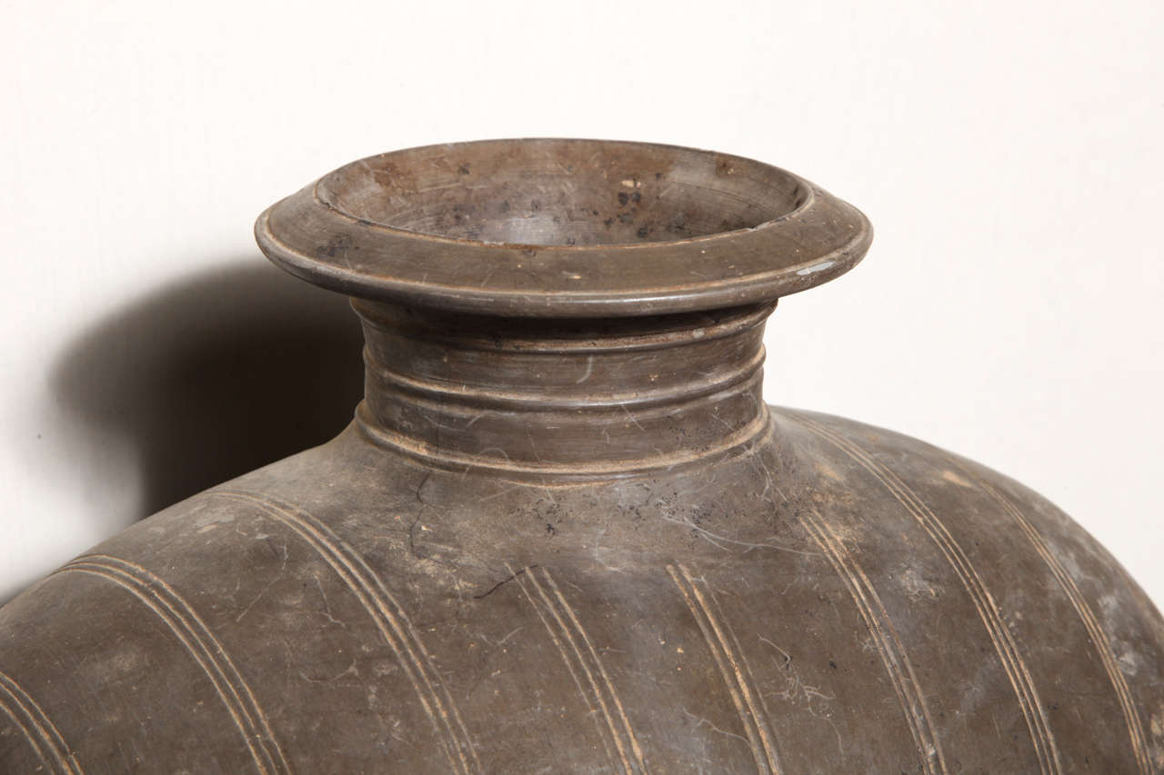 Chinese Western Han Dynasty Terracotta Cocoon Jar with Incised Bands from China