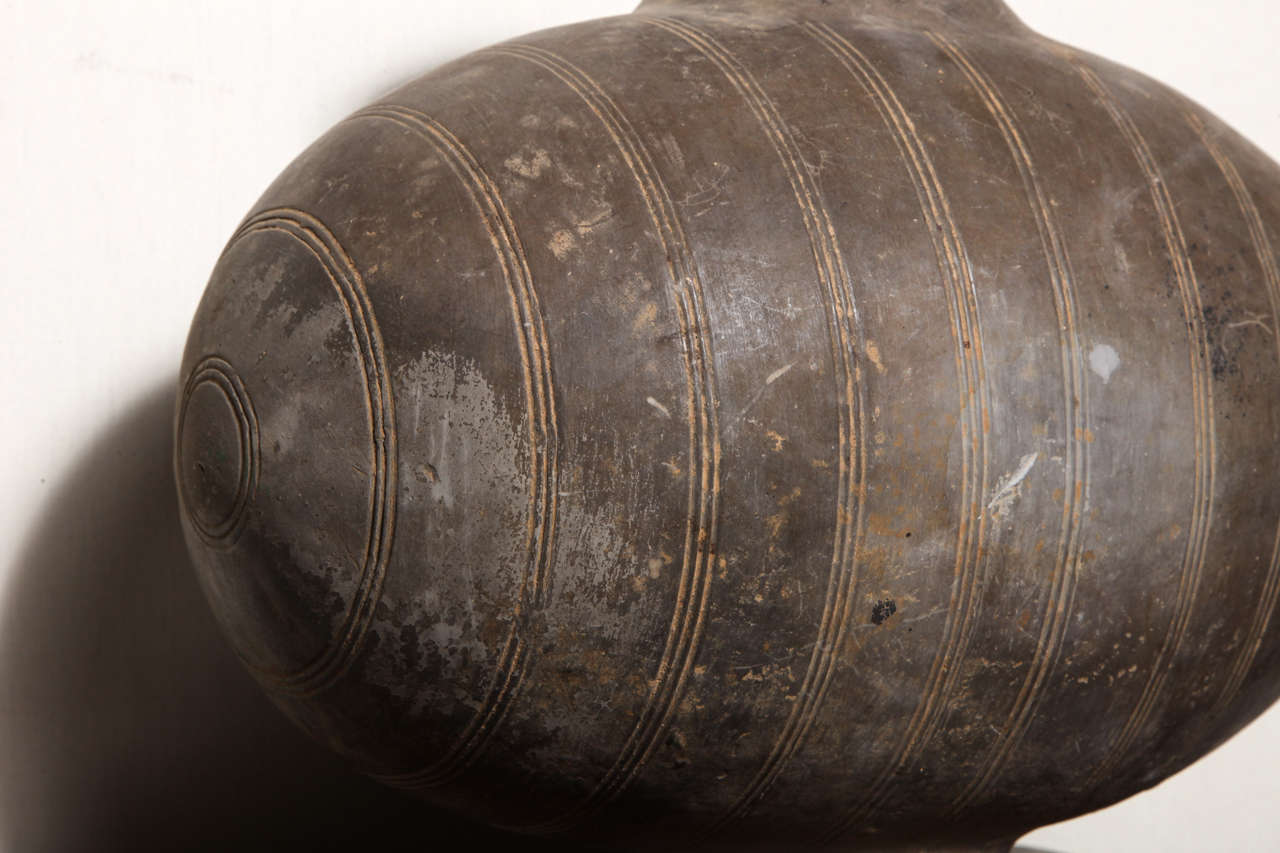 18th Century and Earlier Western Han Dynasty Terracotta Cocoon Jar with Incised Bands from China