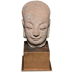 18th Century, Chinese Ming Dynasty Hand-Carved Stone Head of a Buddhist Monk