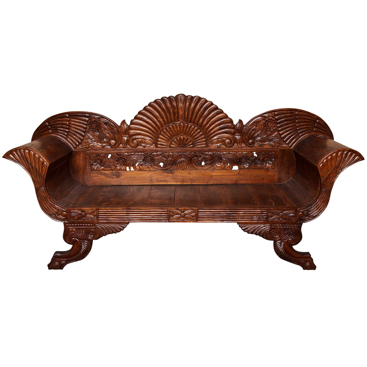 Indonesian Teak Settee with Detailed Carvings from Jakarta, 19th Century