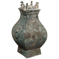 Chinese Han Dynasty Bronze Hu Ceremonial Vessel from 200 BC-200 AD with Lid