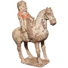 8th Century Tang Dynasty Chinese Terracotta Horse and Rider with Original Paint 12