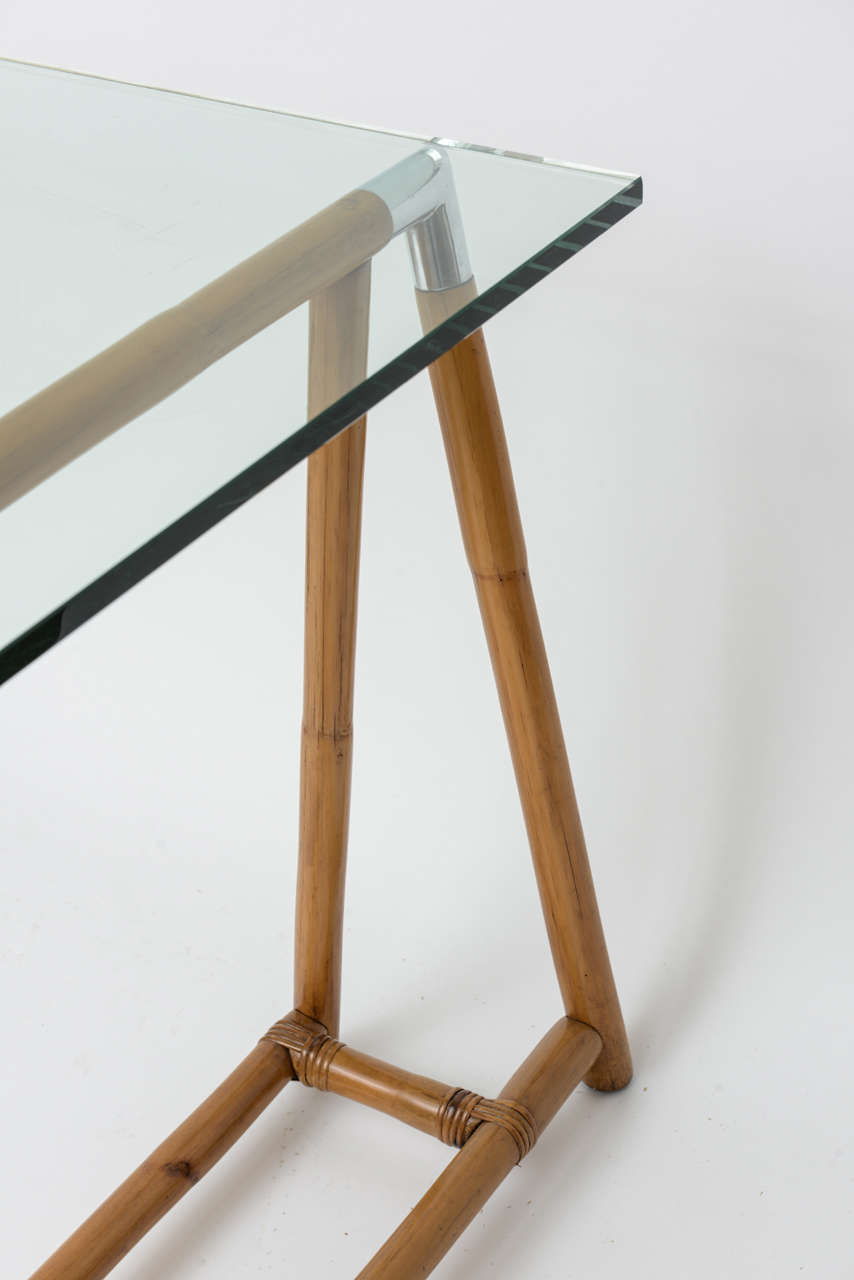 Late 20th Century Bamboo Trestle Table with Glass Top and Chrome Detail
